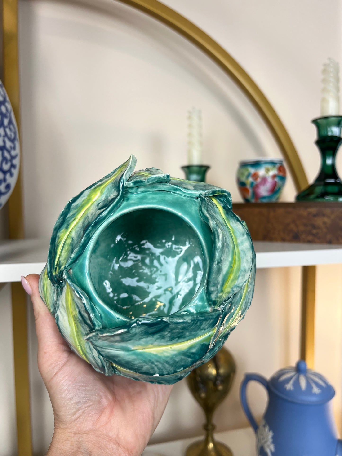 RESERVED - Emerald green ceramic Majolica-style candle holder