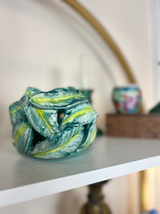 RESERVED - Emerald green ceramic Majolica-style candle holder