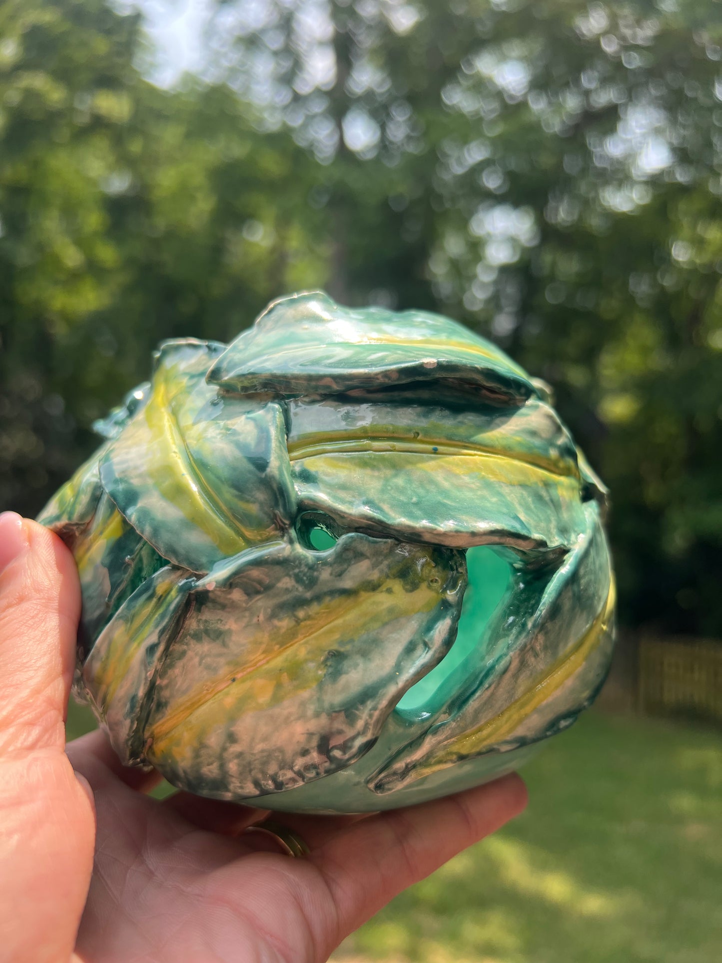 RESERVED - Emerald green ceramic Majolica-style candle holder