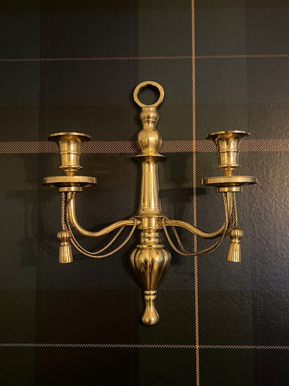 Pair of double arm brass braid and tassel candelabra wall sconces