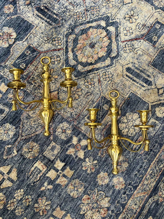 Pair of double arm brass braid and tassel candelabra wall sconces