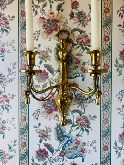 Pair of double arm brass braid and tassel candelabra wall sconces