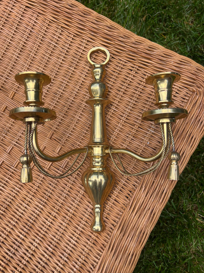 Pair of double arm brass braid and tassel candelabra wall sconces
