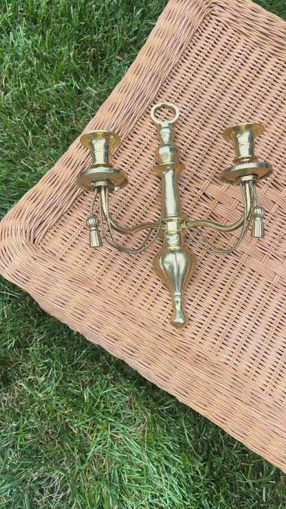 Pair of double arm brass braid and tassel candelabra wall sconces